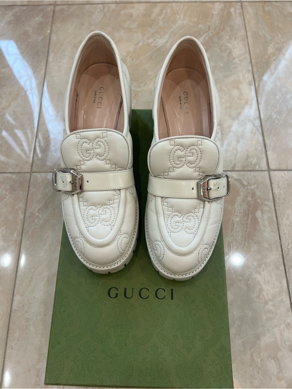 Gucci Cream Quilted GG Leather Buckle Loafers